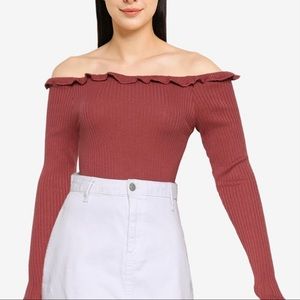 NWOT Nasty Gal Long Sleeve Bardot Boat Neck Tee, Women’s Size M, Pink/Mauve